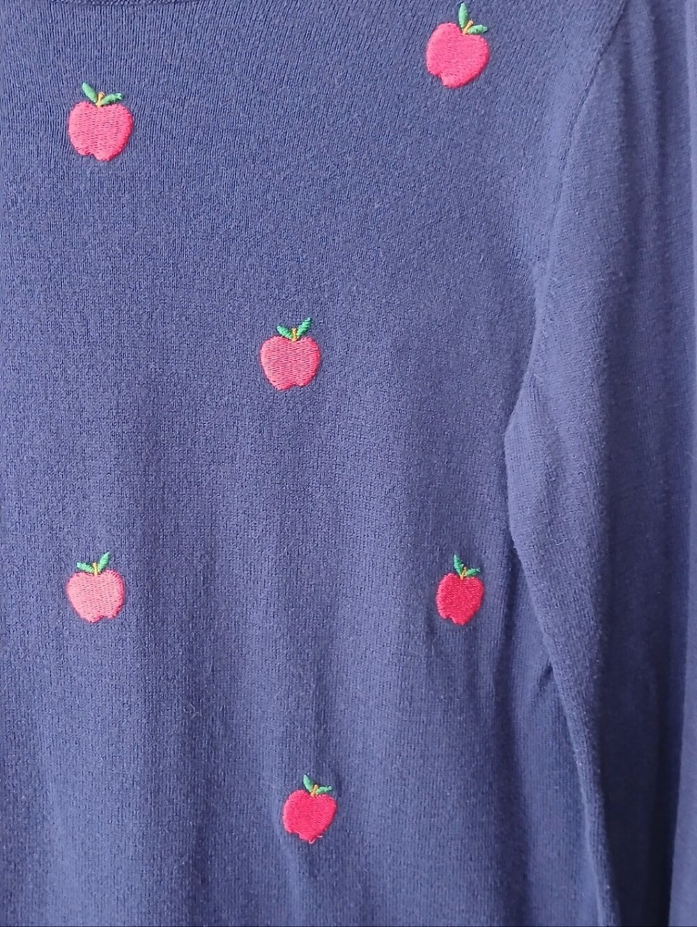 J. Crew Navy Crewneck Teddie Sweater Apple Print Womens Medium Teacher Classic - Picture 4 of 5